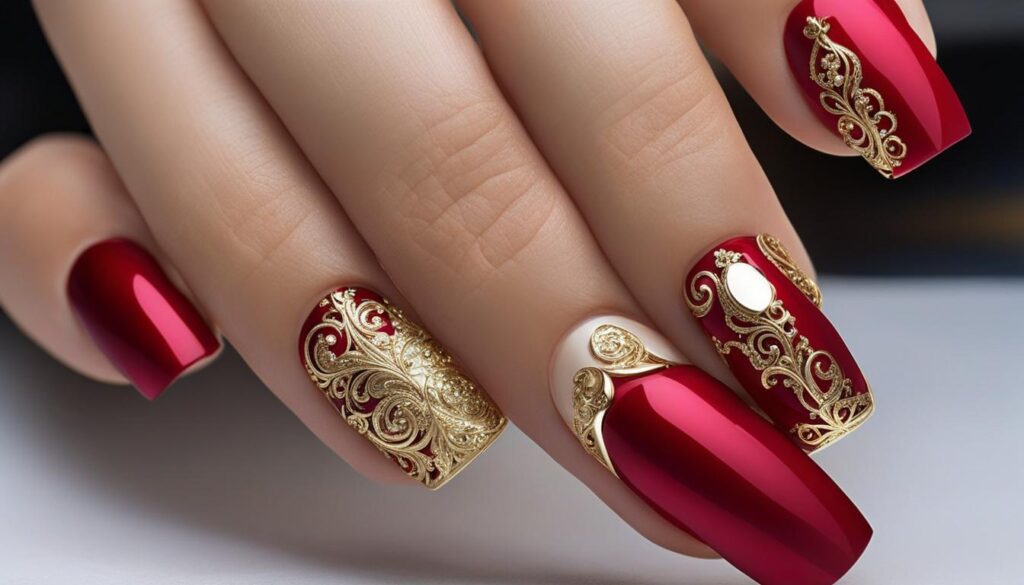czerwone paznokcie z ozdobami złotymi